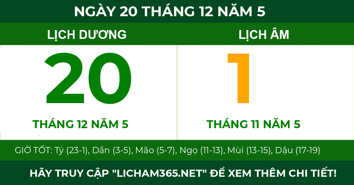 lịch âm ngày 20 tháng 12 năm 5