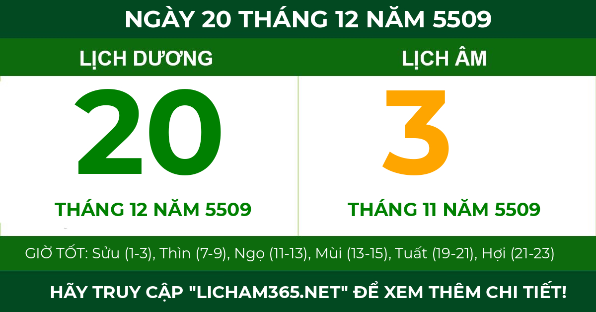 lịch âm ngày 20 tháng 12 năm 5509