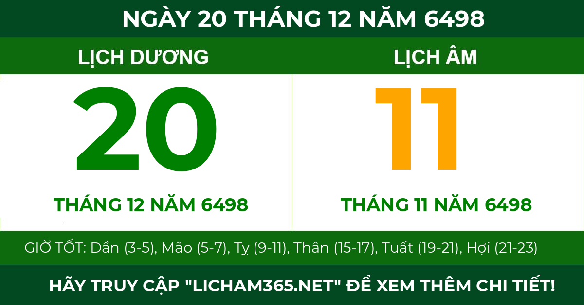lịch âm ngày 20 tháng 12 năm 6498