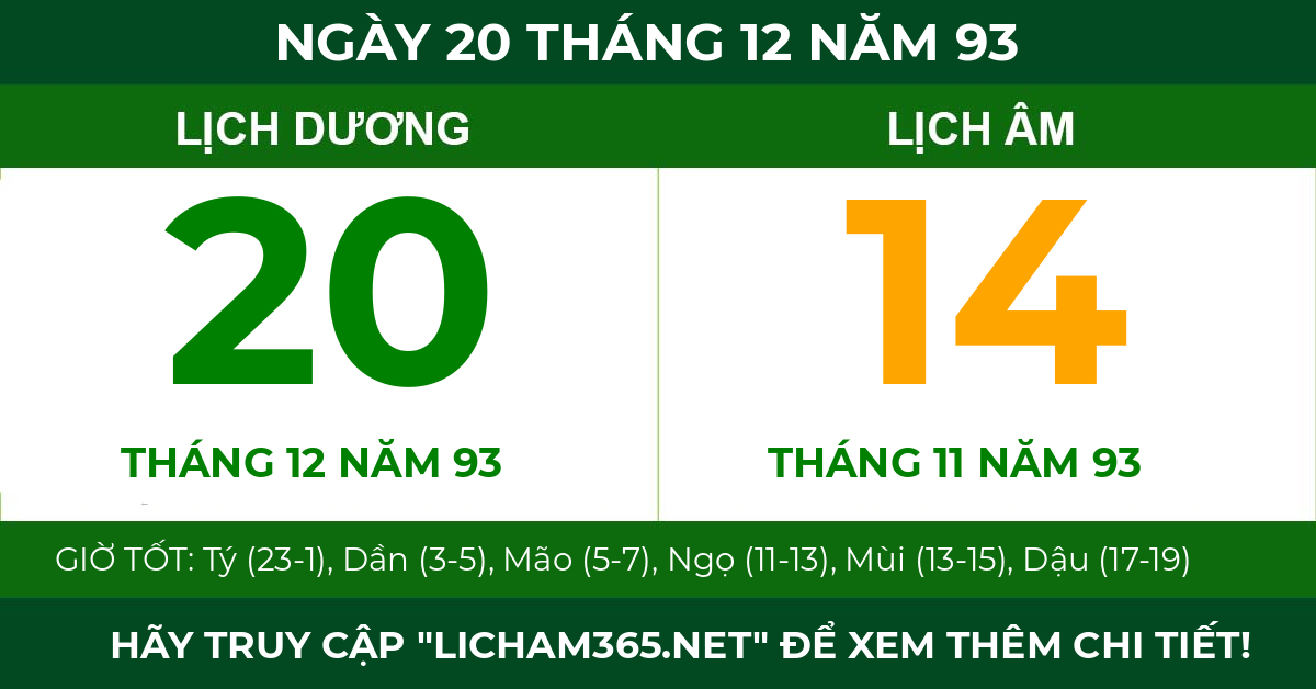 lịch âm ngày 20 tháng 12 năm 93