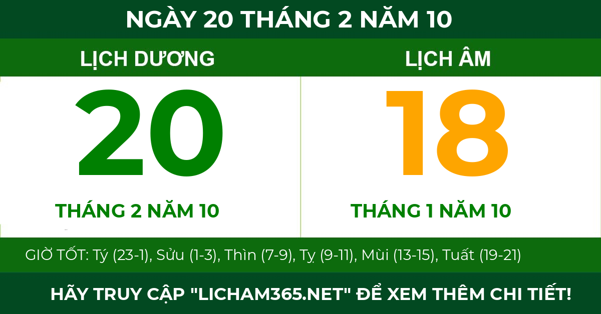 lịch âm ngày 20 tháng 2 năm 10