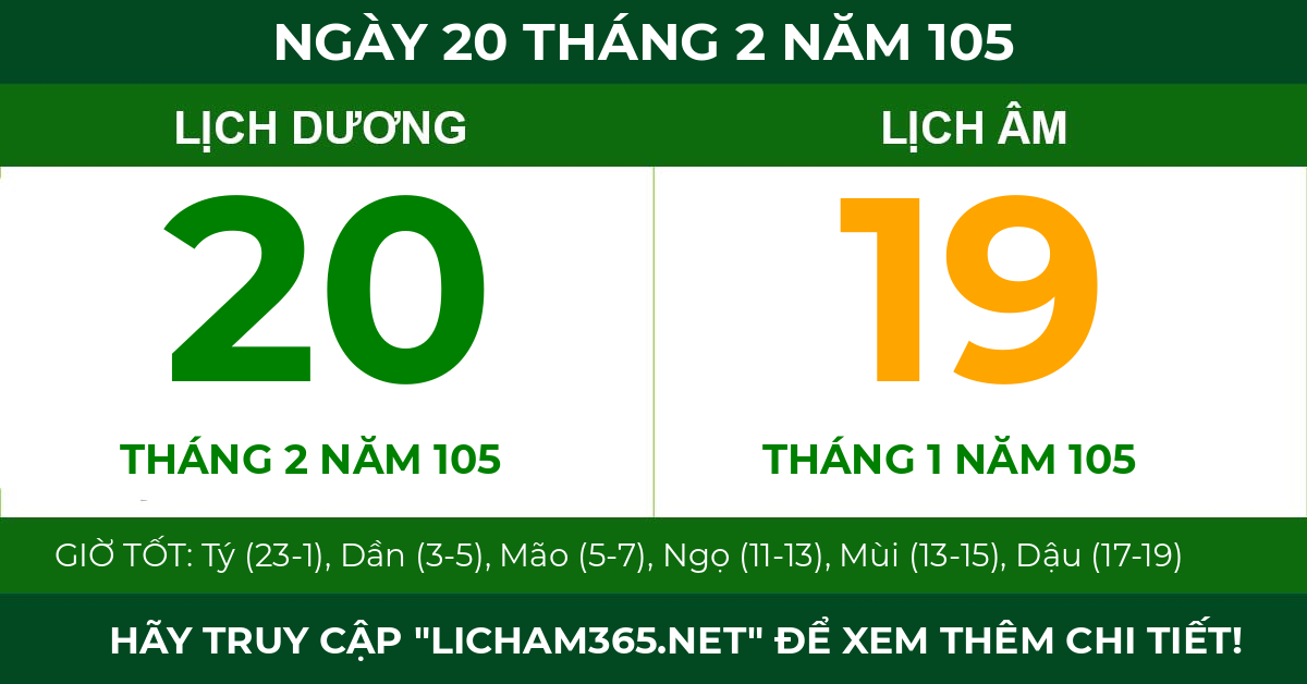 lịch âm ngày 20 tháng 2 năm 105
