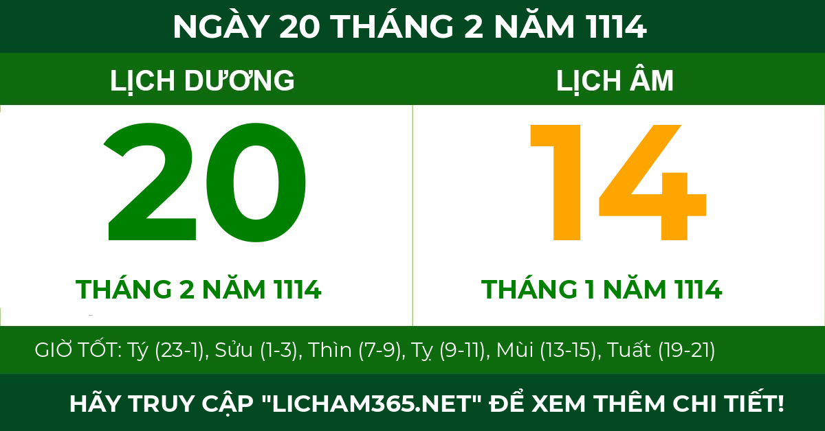 lịch âm ngày 20 tháng 2 năm 1114