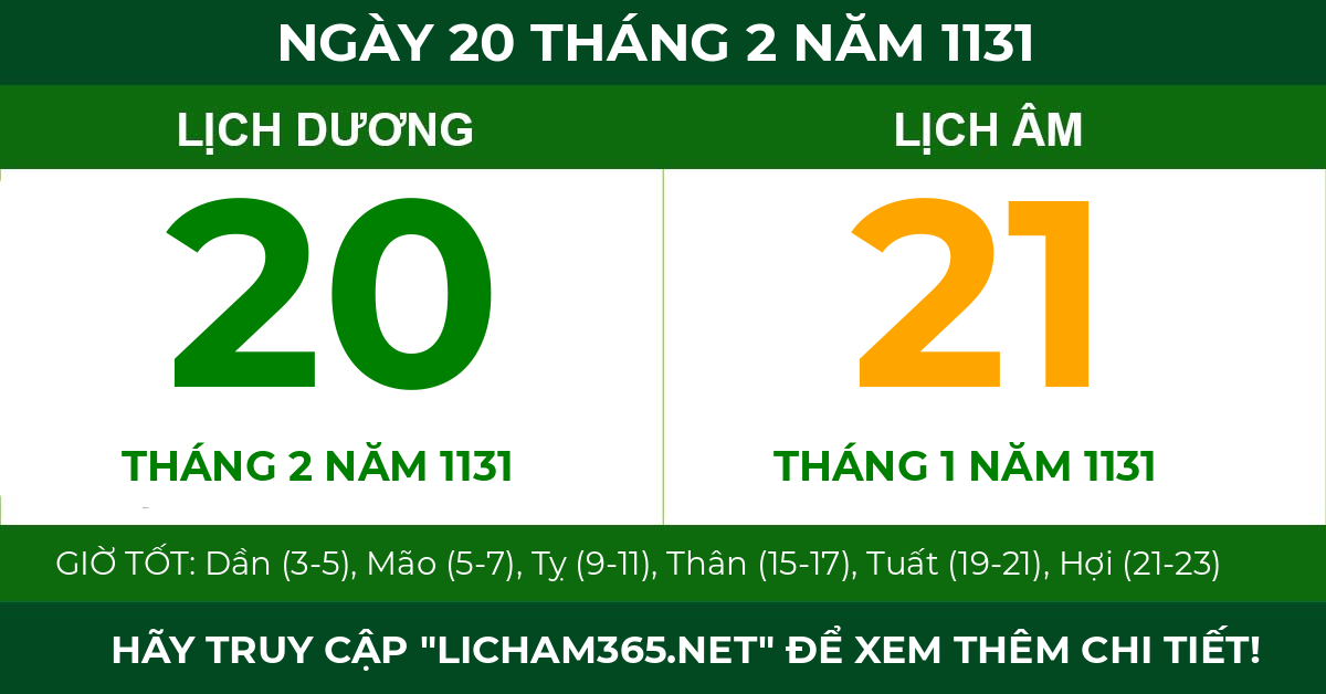 lịch âm ngày 20 tháng 2 năm 1131