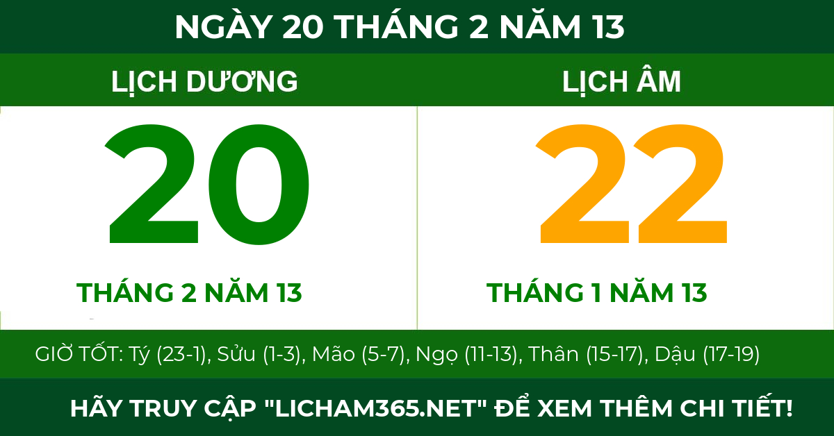 lịch âm ngày 20 tháng 2 năm 13