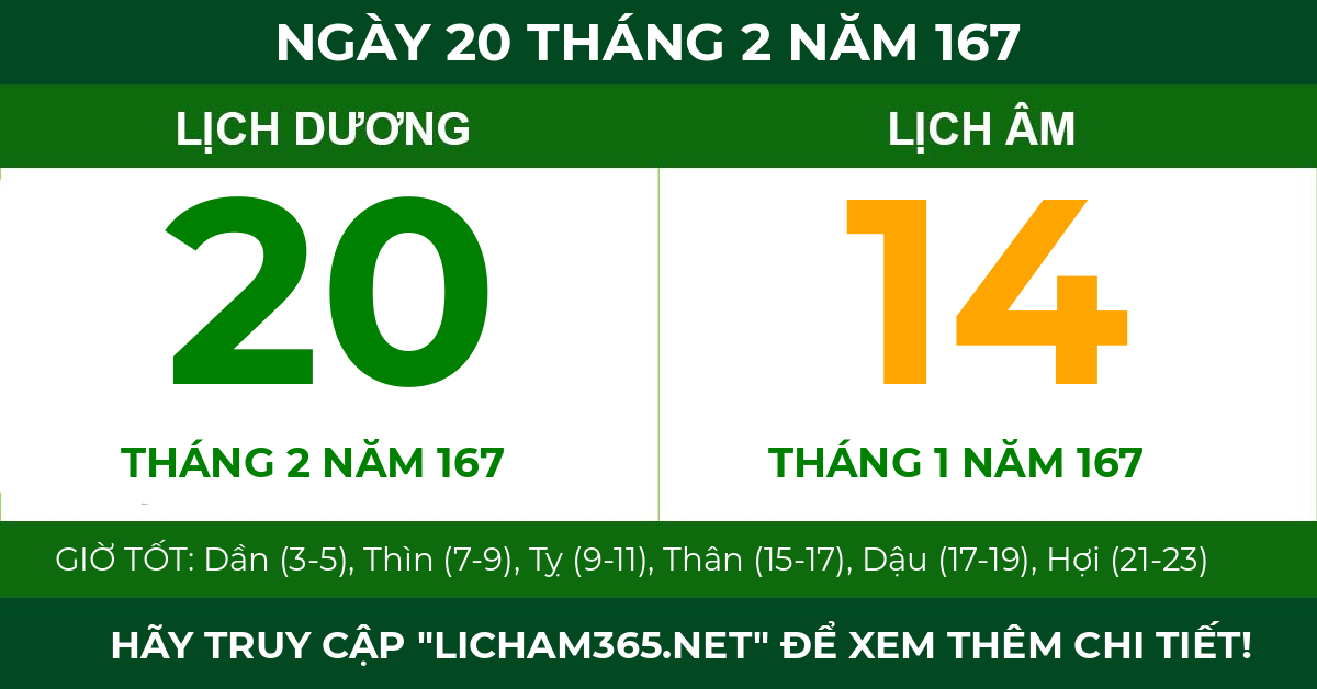 lịch âm ngày 20 tháng 2 năm 167