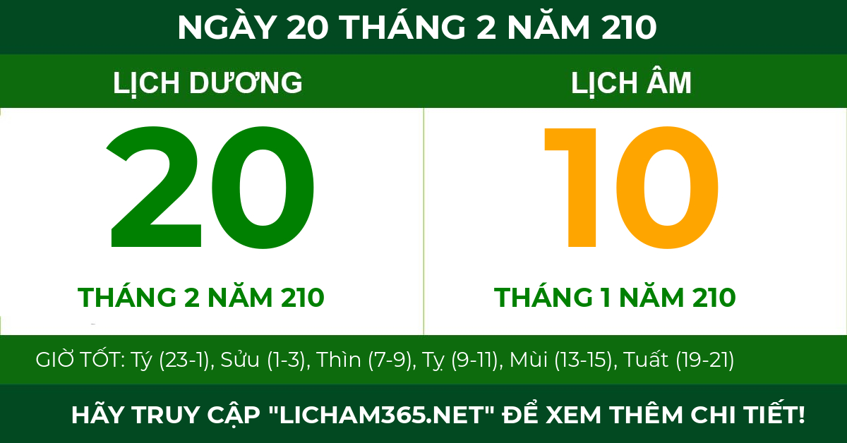 lịch âm ngày 20 tháng 2 năm 210