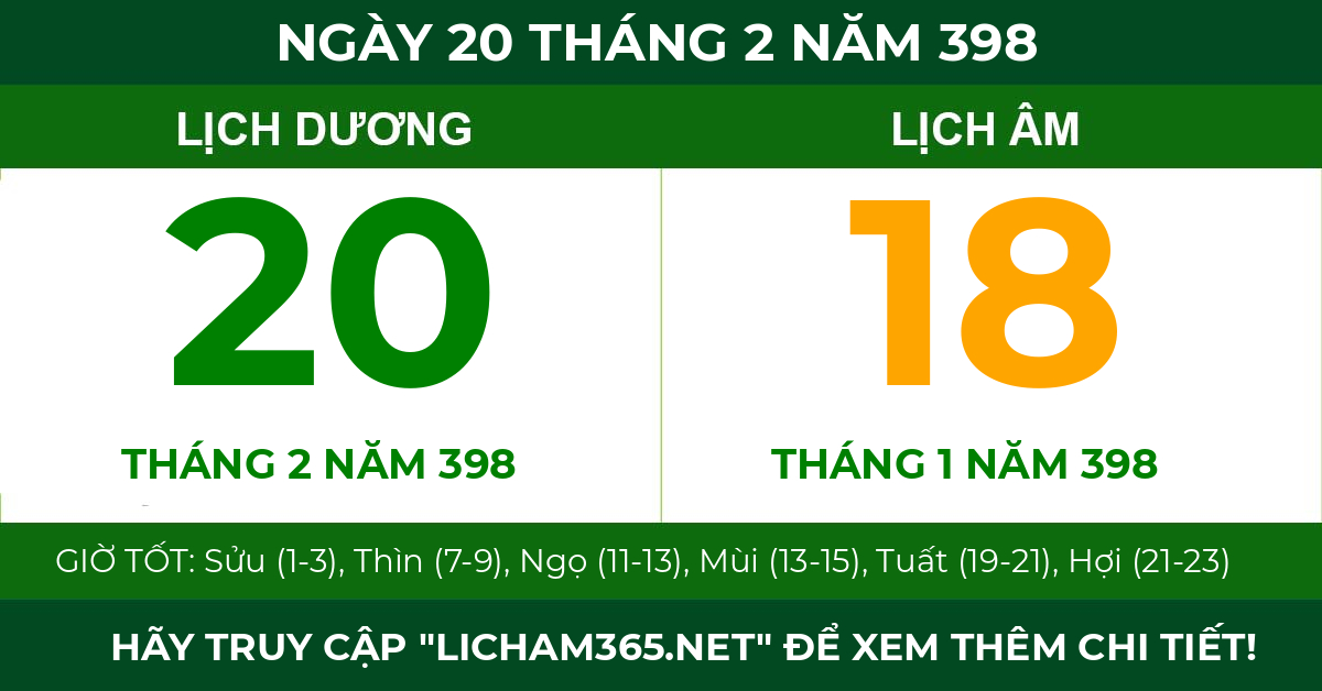 lịch âm ngày 20 tháng 2 năm 398