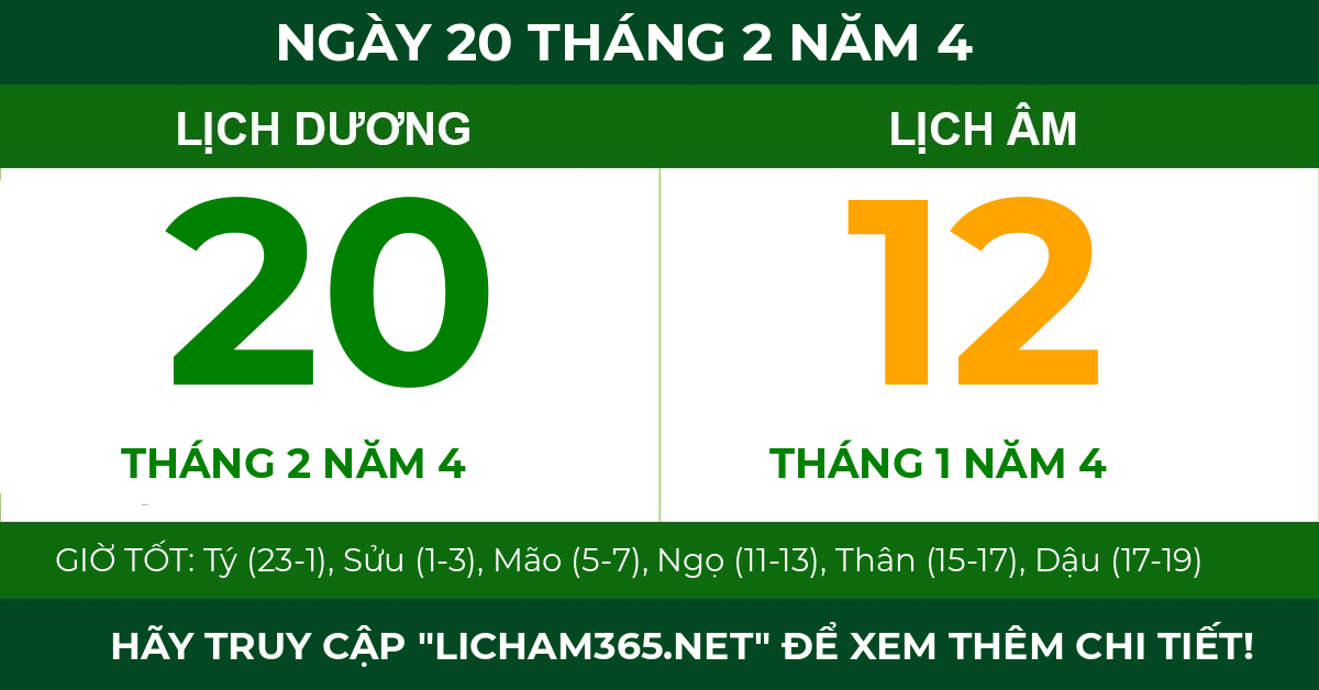 lịch âm ngày 20 tháng 2 năm 4