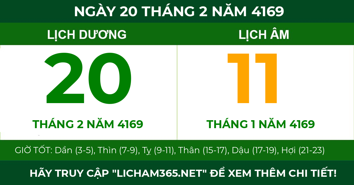 lịch âm ngày 20 tháng 2 năm 4169