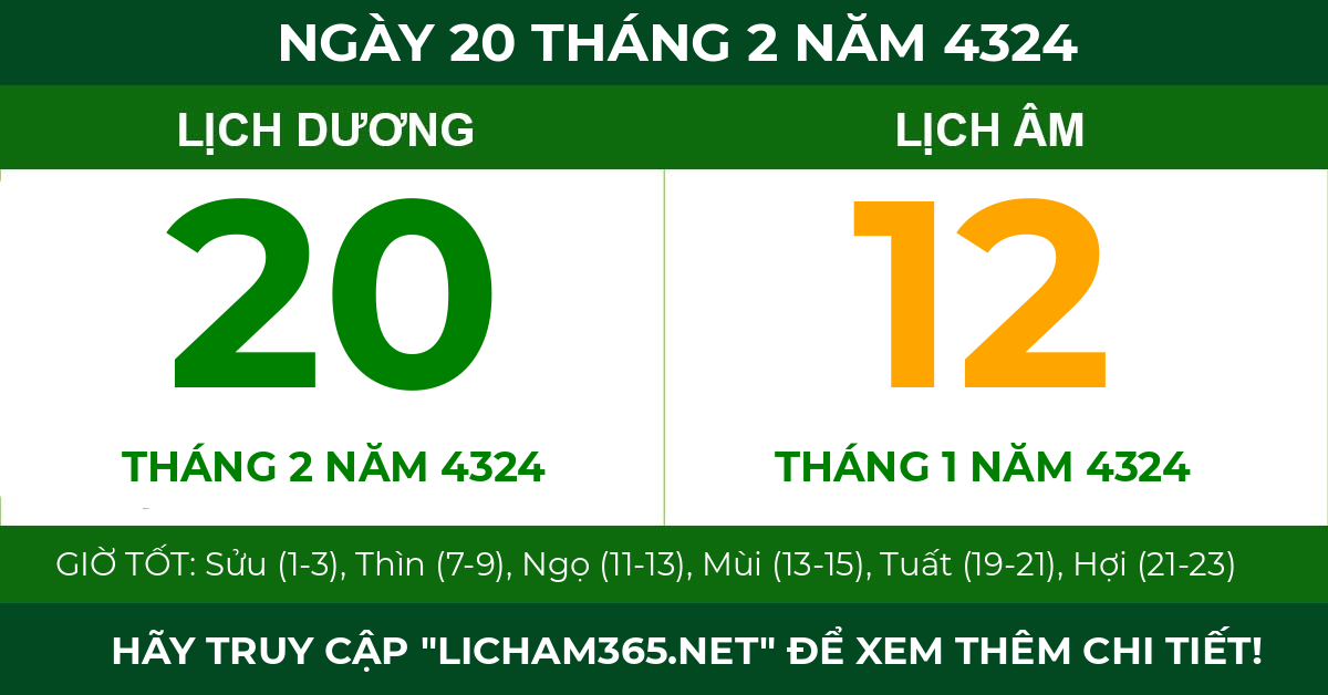 lịch âm ngày 20 tháng 2 năm 4324