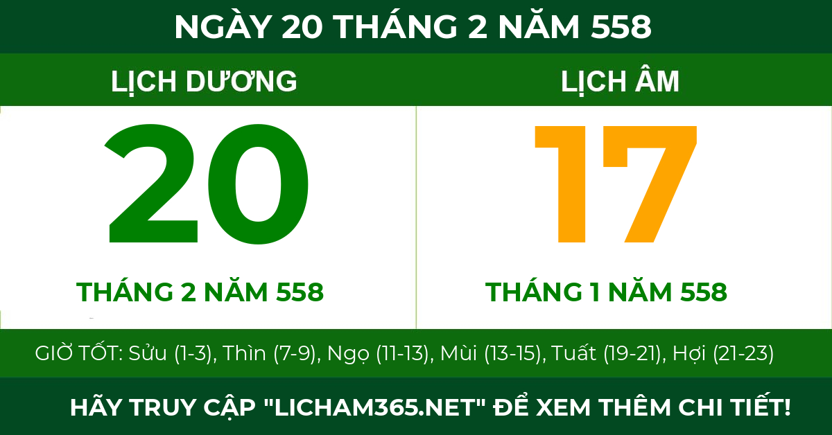 lịch âm ngày 20 tháng 2 năm 558
