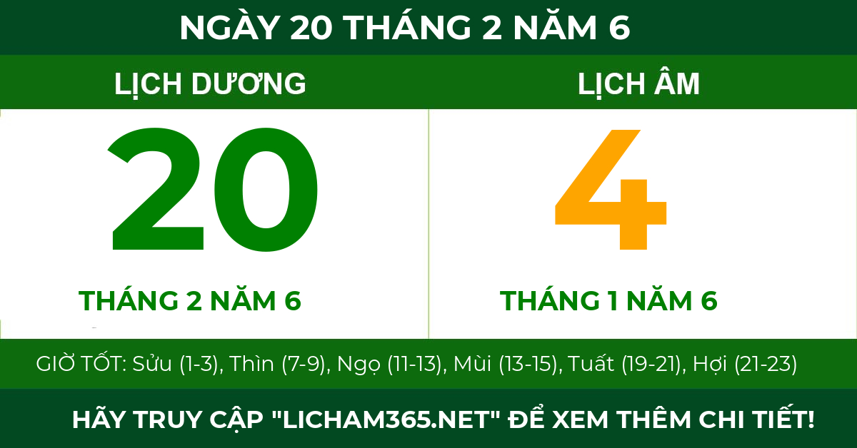 lịch âm ngày 20 tháng 2 năm 6