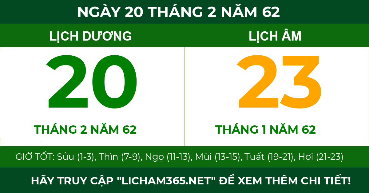lịch âm ngày 20 tháng 2 năm 62