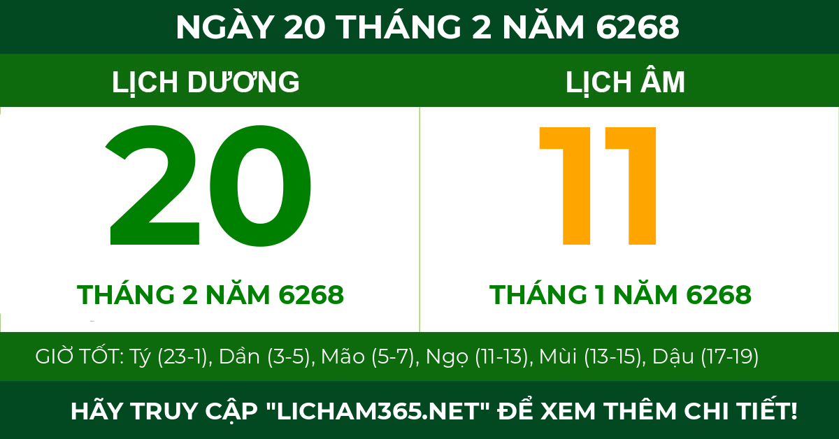 lịch âm ngày 20 tháng 2 năm 6268