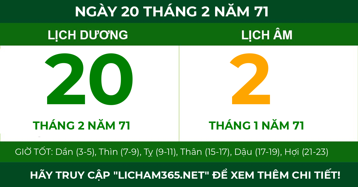 lịch âm ngày 20 tháng 2 năm 71