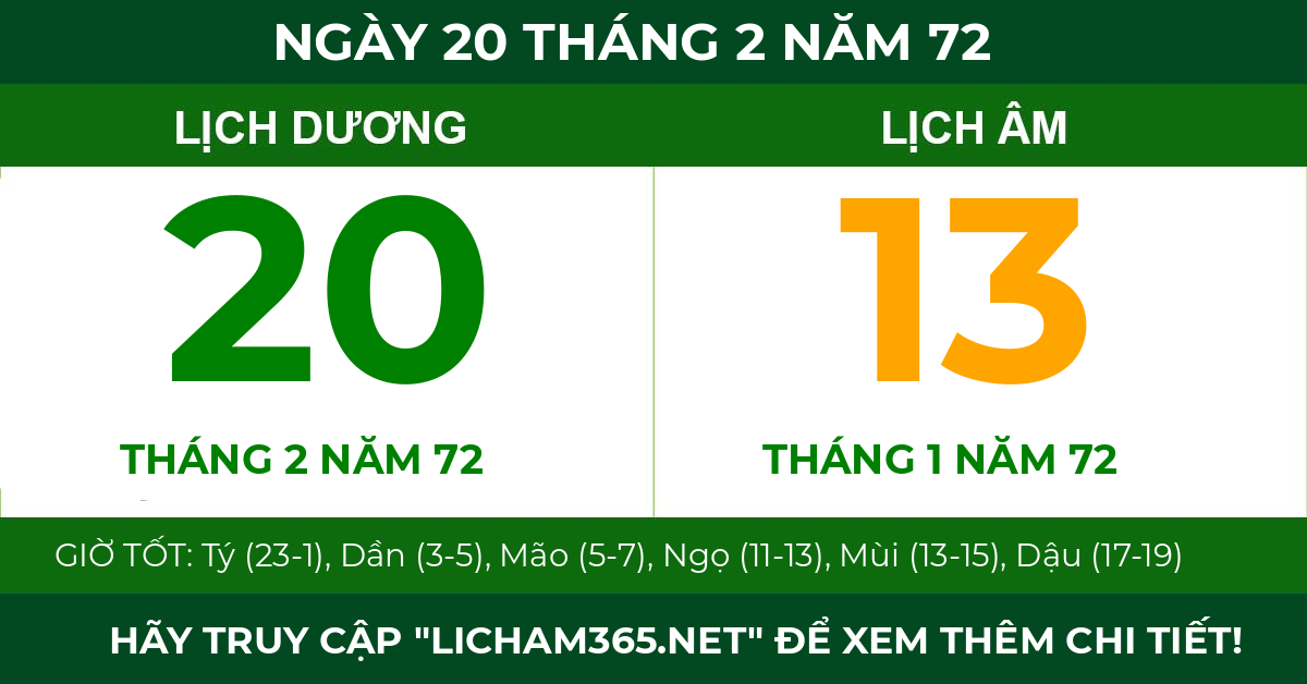 lịch âm ngày 20 tháng 2 năm 72
