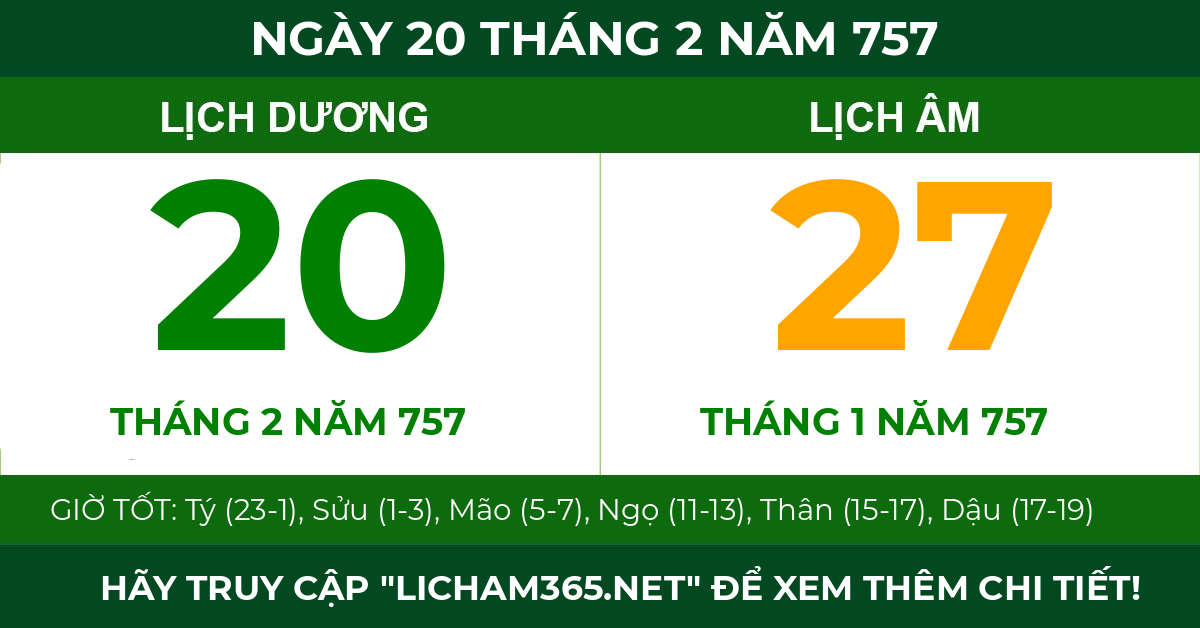 lịch âm ngày 20 tháng 2 năm 757