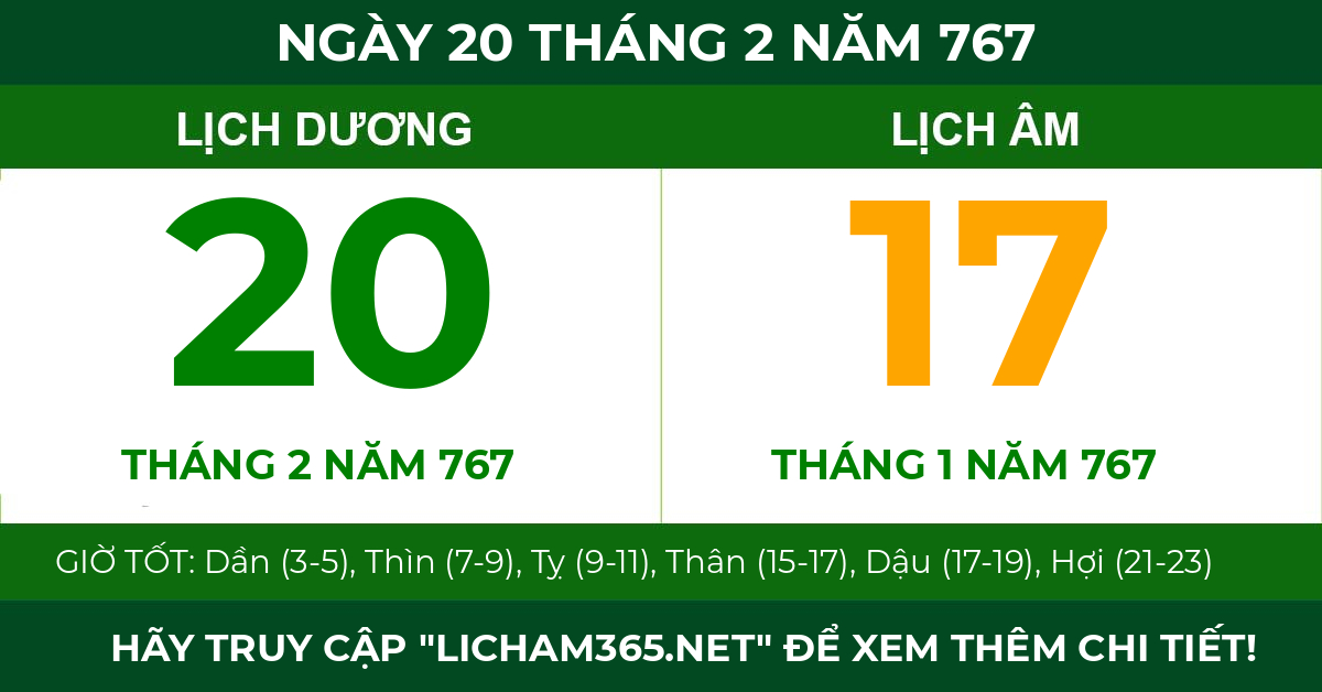 lịch âm ngày 20 tháng 2 năm 767