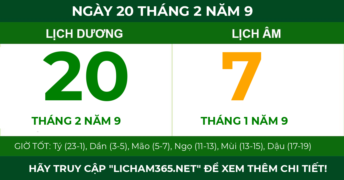 lịch âm ngày 20 tháng 2 năm 9