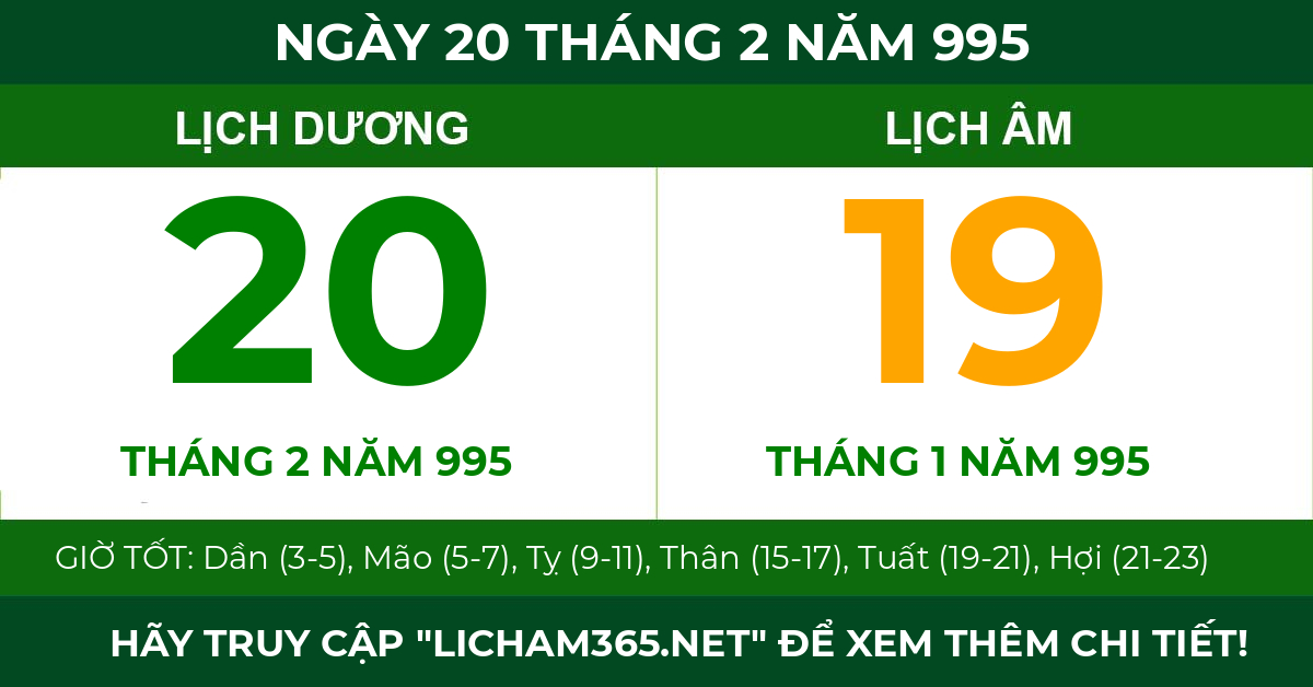 lịch âm ngày 20 tháng 2 năm 995