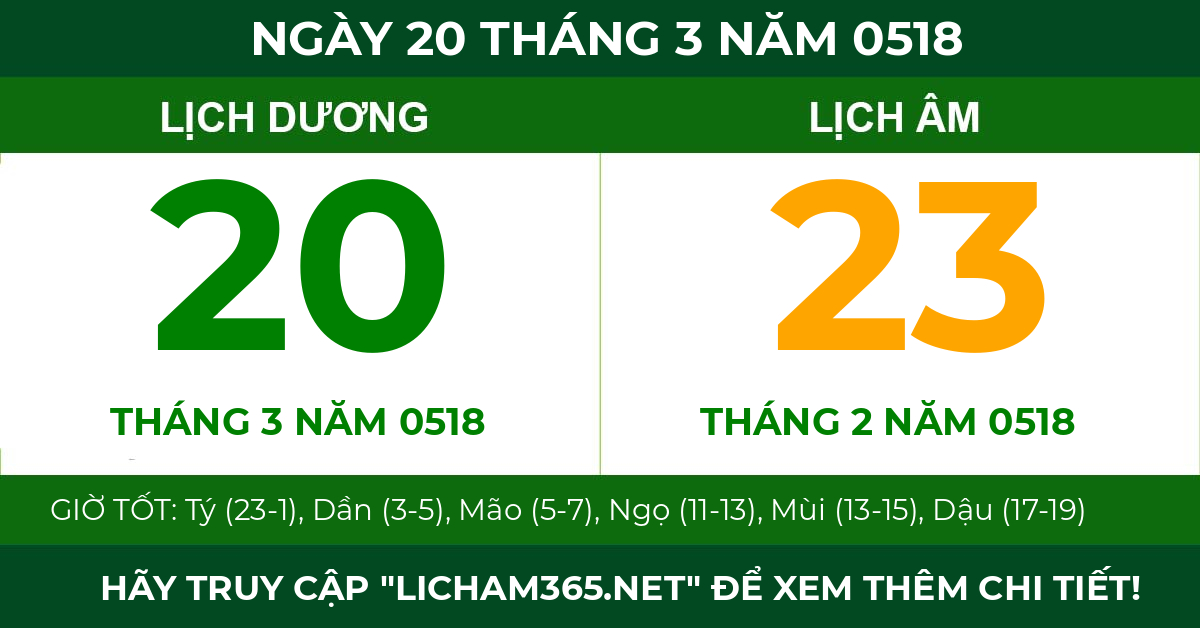 lịch âm ngày 20 tháng 3 năm 0518