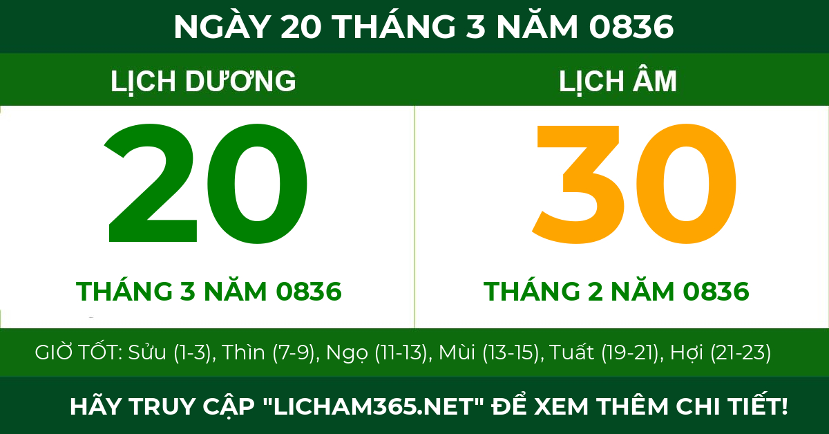 lịch âm ngày 20 tháng 3 năm 0836