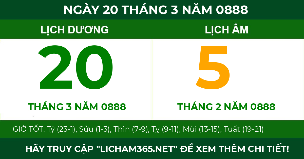 lịch âm ngày 20 tháng 3 năm 0888