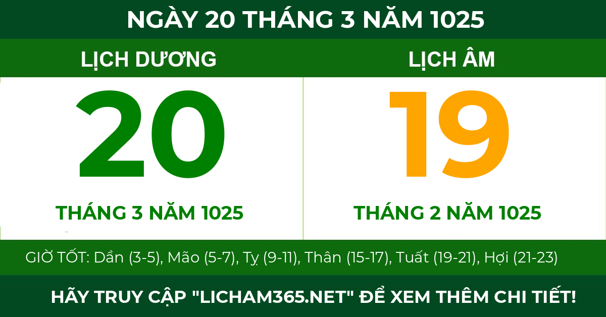 lịch âm ngày 20 tháng 3 năm 1025