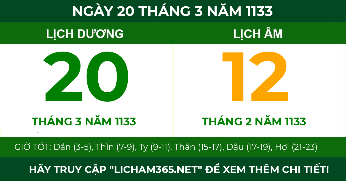 lịch âm ngày 20 tháng 3 năm 1133