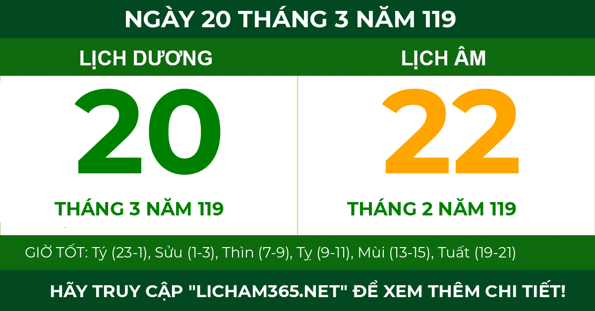 lịch âm ngày 20 tháng 3 năm 119