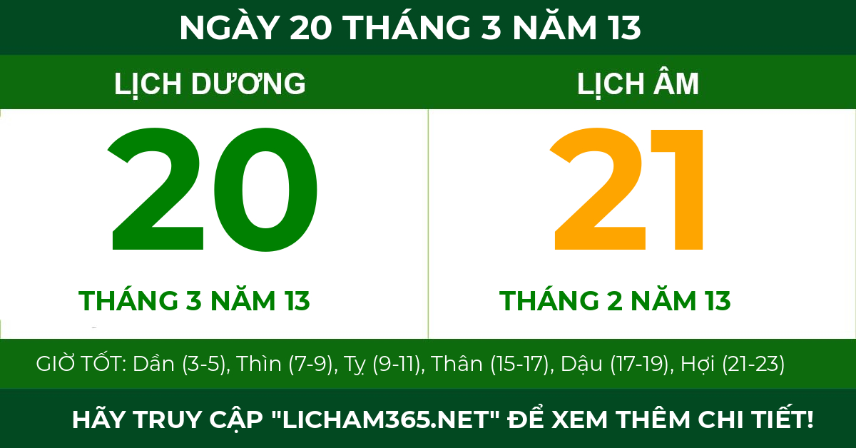 lịch âm ngày 20 tháng 3 năm 13