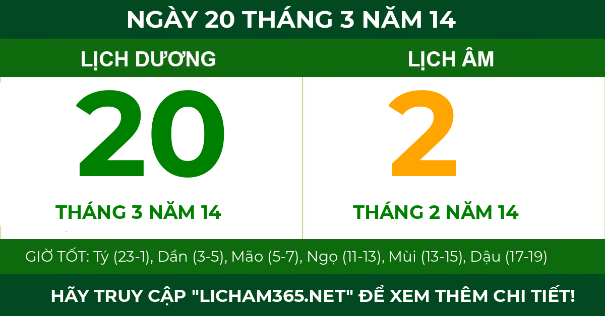 lịch âm ngày 20 tháng 3 năm 14