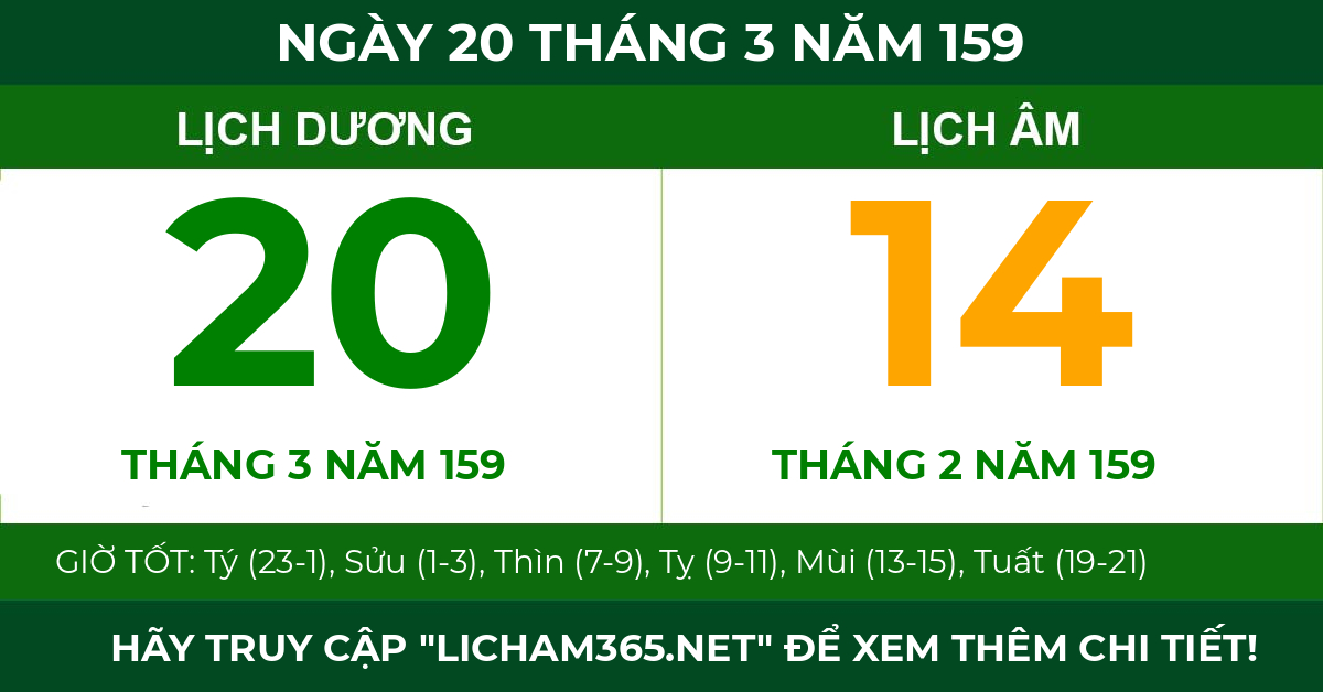 lịch âm ngày 20 tháng 3 năm 159
