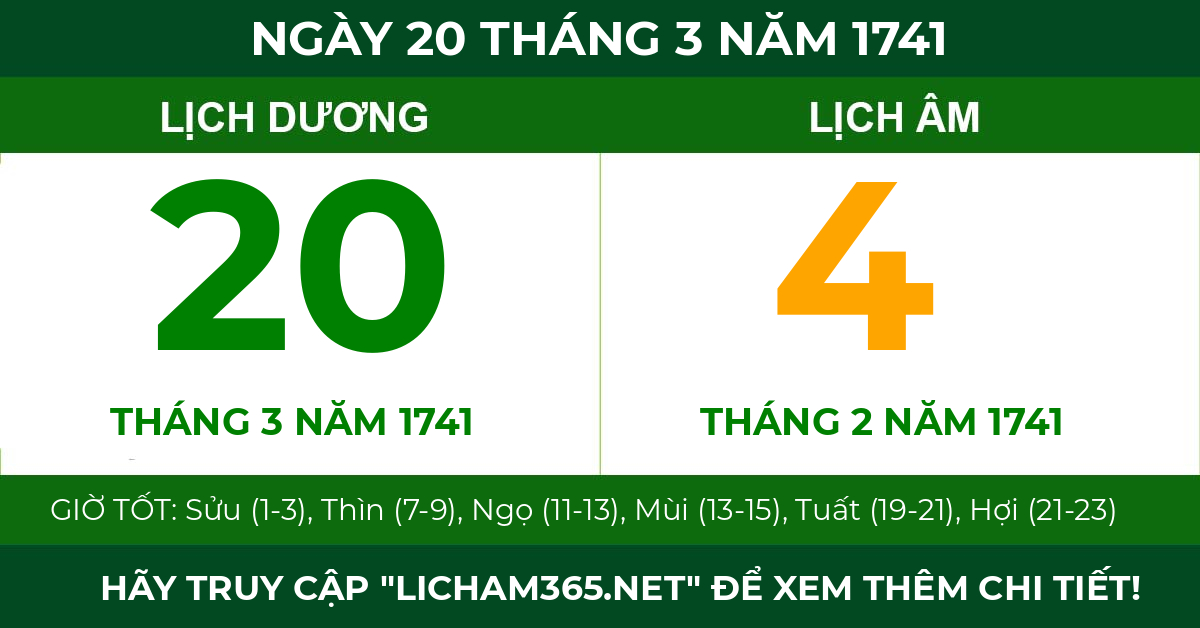 lịch âm ngày 20 tháng 3 năm 1741