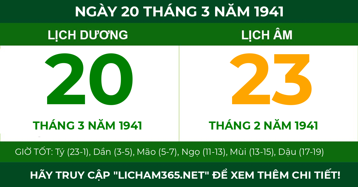 lịch âm ngày 20 tháng 3 năm 1941