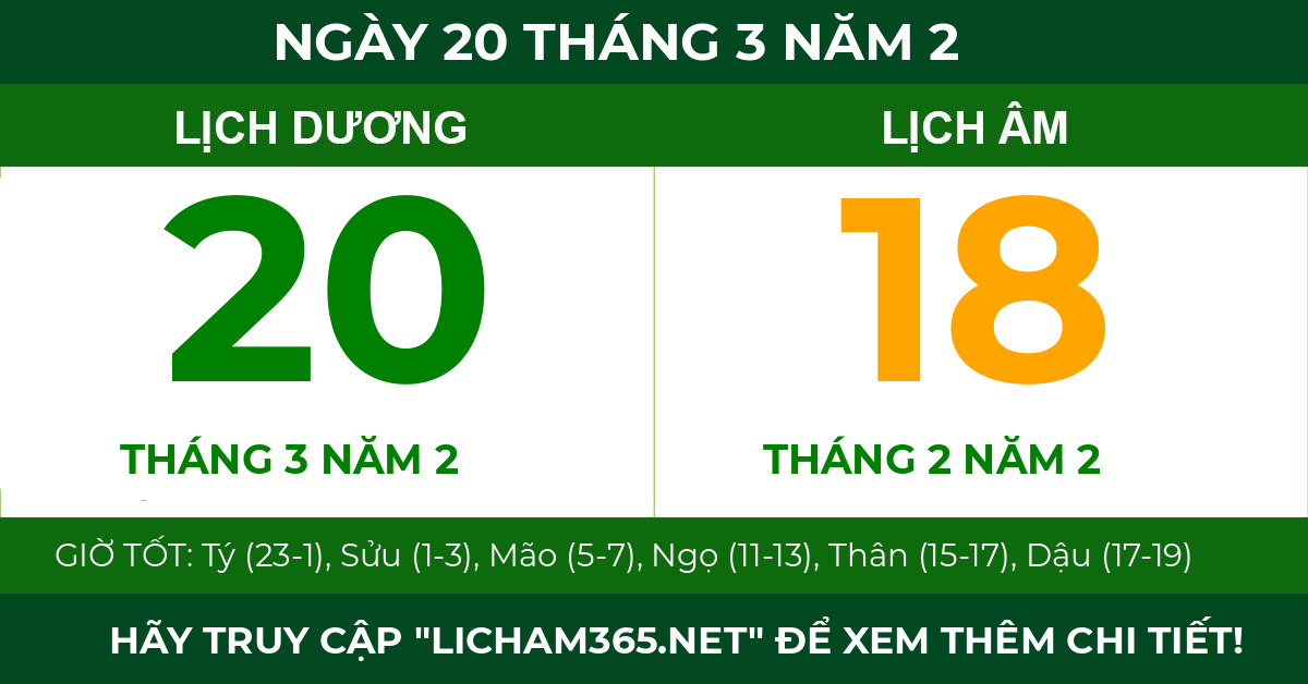 lịch âm ngày 20 tháng 3 năm 2
