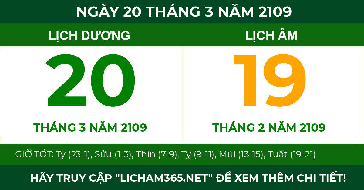 lịch âm ngày 20 tháng 3 năm 2109