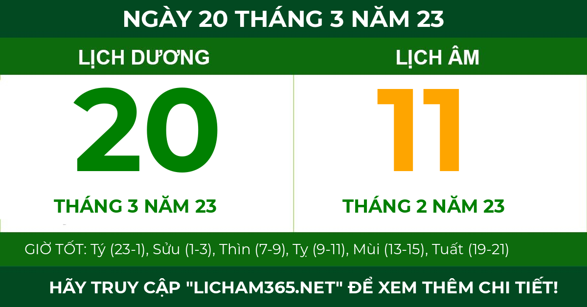 lịch âm ngày 20 tháng 3 năm 23