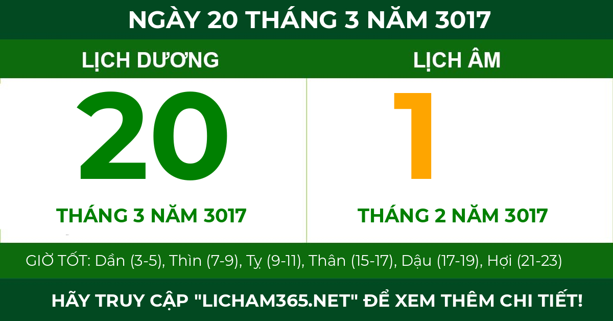 lịch âm ngày 20 tháng 3 năm 3017