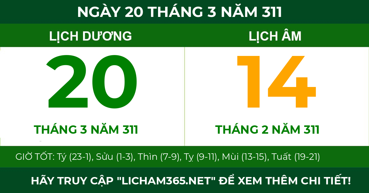 lịch âm ngày 20 tháng 3 năm 311