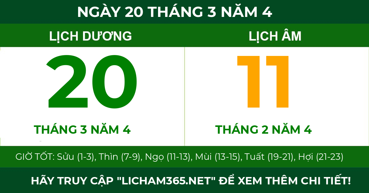 lịch âm ngày 20 tháng 3 năm 4