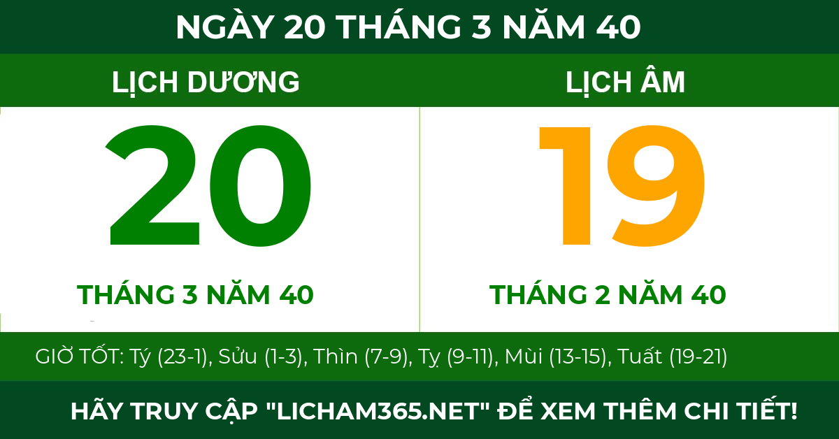 lịch âm ngày 20 tháng 3 năm 40