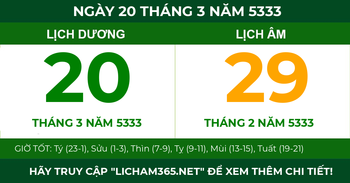 lịch âm ngày 20 tháng 3 năm 5333