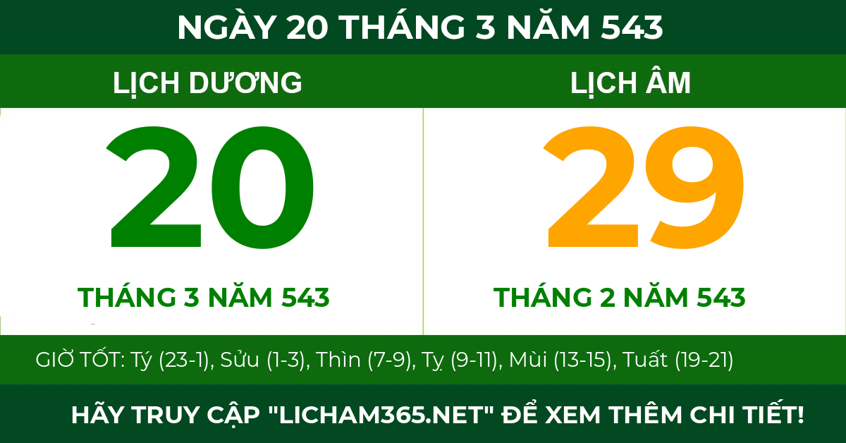 lịch âm ngày 20 tháng 3 năm 543