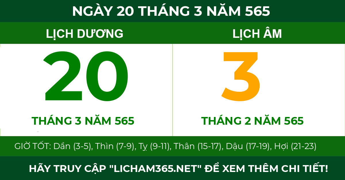 lịch âm ngày 20 tháng 3 năm 565