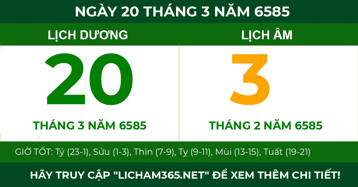 lịch âm ngày 20 tháng 3 năm 6585