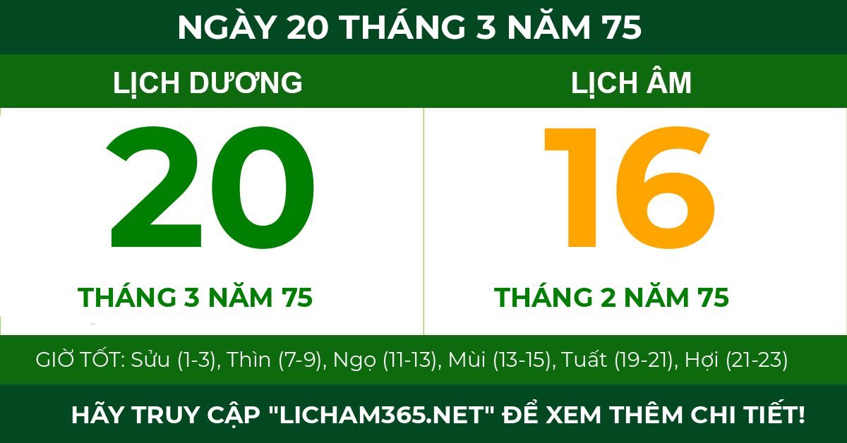 lịch âm ngày 20 tháng 3 năm 75