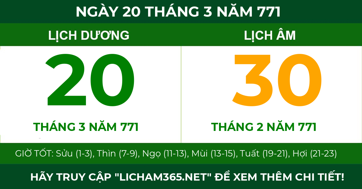 lịch âm ngày 20 tháng 3 năm 771