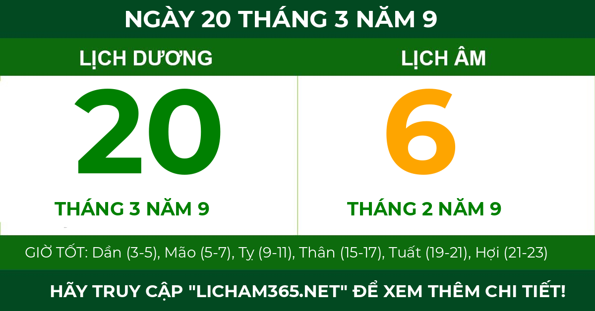 lịch âm ngày 20 tháng 3 năm 9